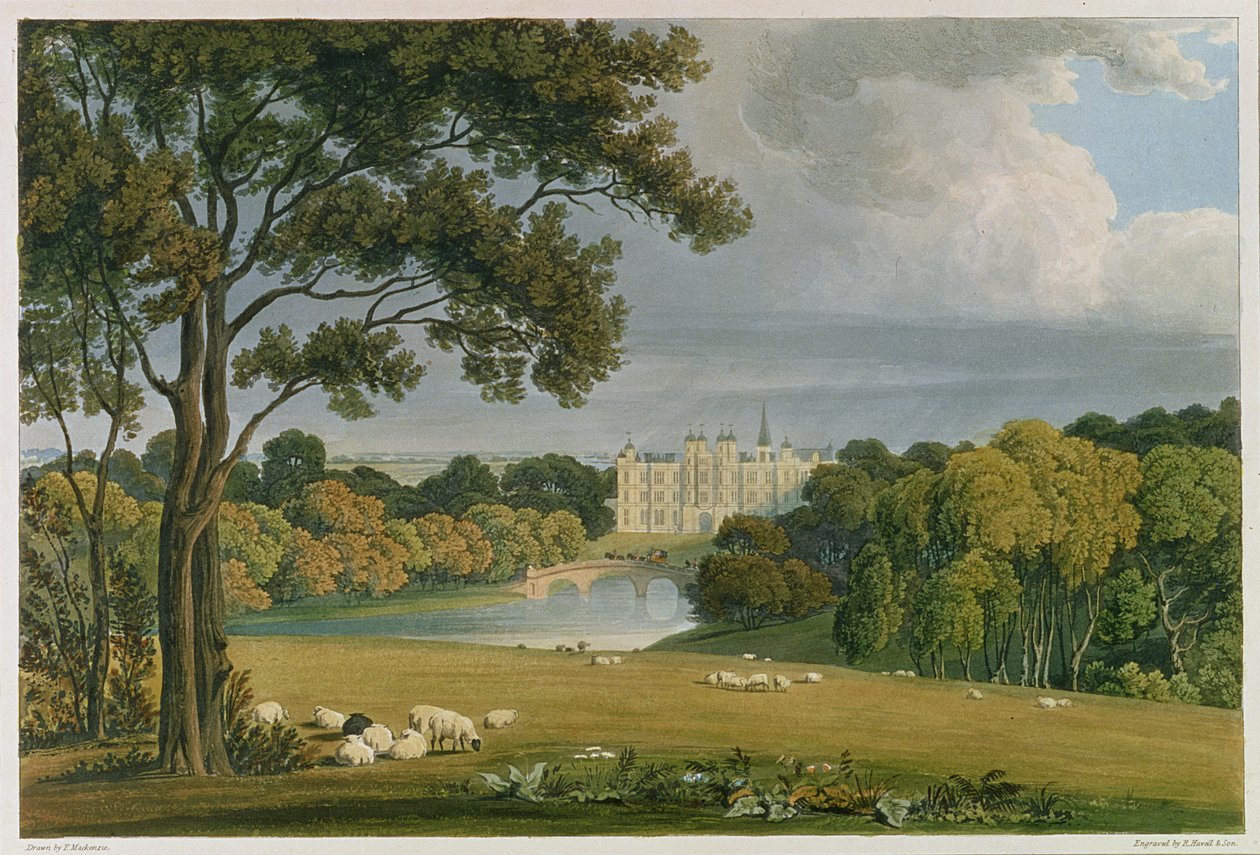 Widok Burghley House, siedziby markiza Exeter, sztychowany i opublikowany przez Roberta Havella (1769-1832), 1819 (kolorystyka) autorstwa Frederick Mackenzie
