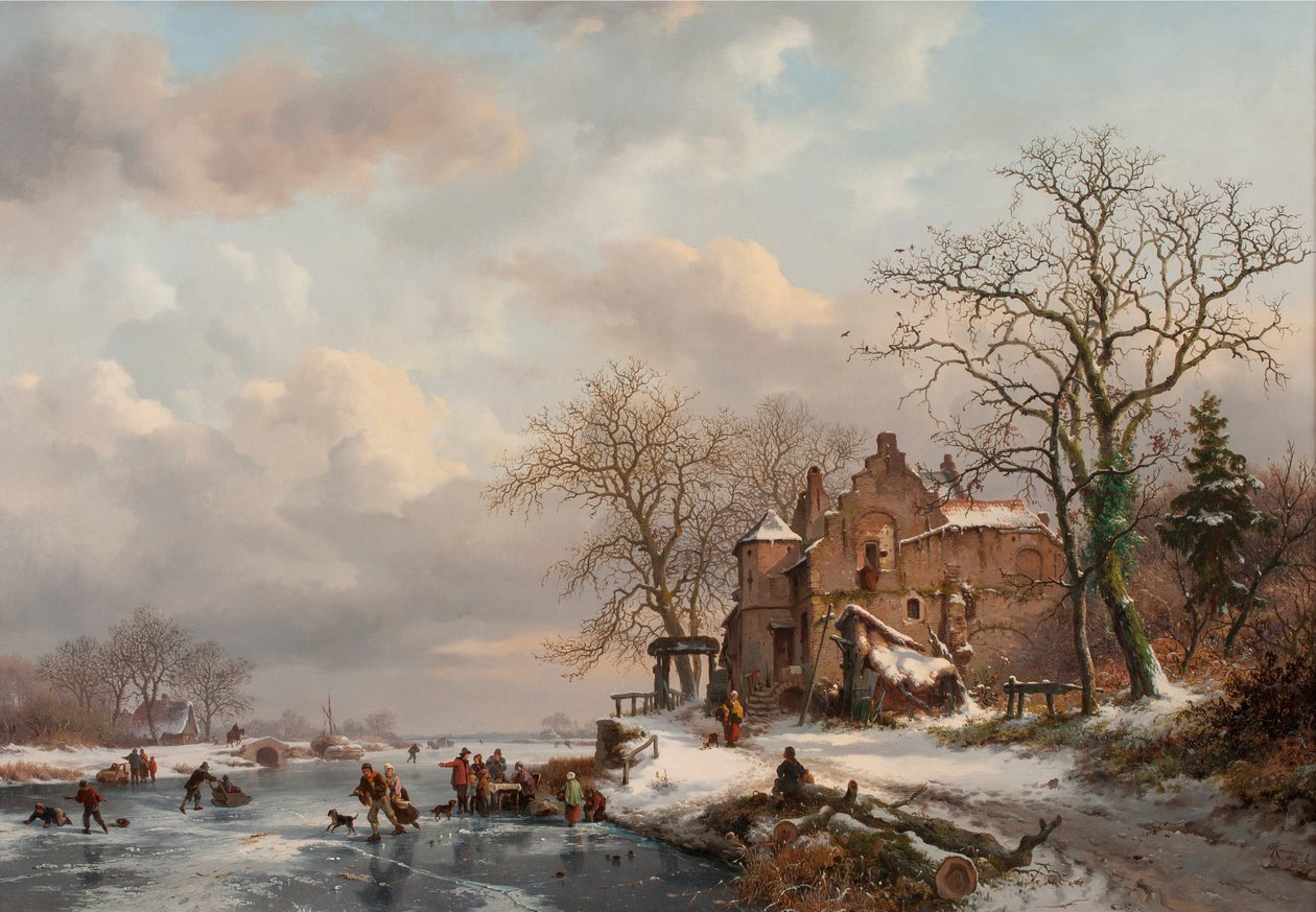 Zimowy krajobraz z łyżwiarzami na zamarzniętej rzece, 1862 autorstwa Frederick Marianus Kruseman