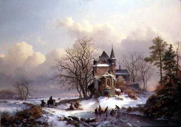 Zimowy pejzaż z łyżwiarzami (olej na płótnie) autorstwa Frederick Marianus Kruseman