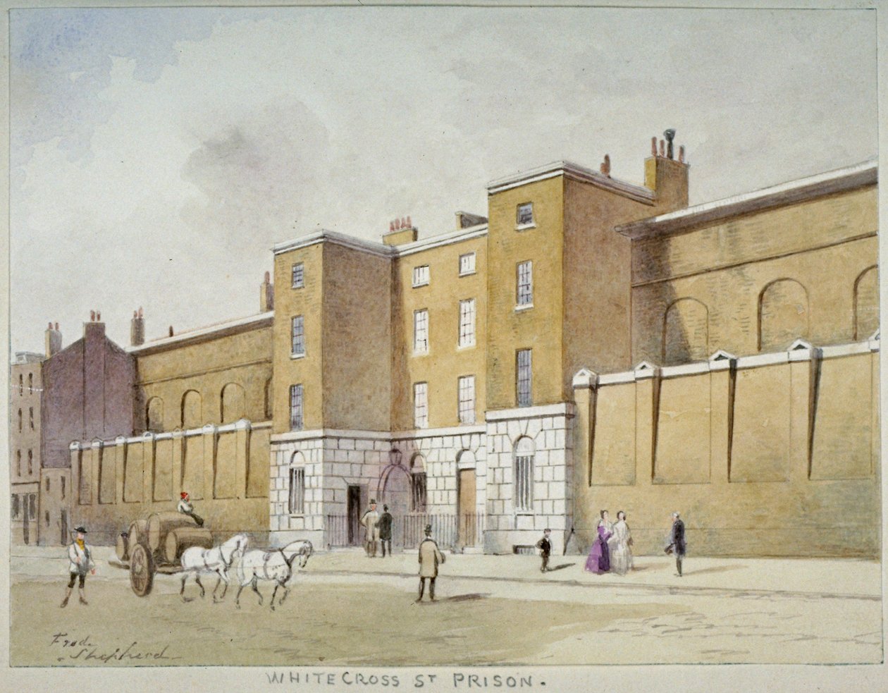 Widok więzienia dla dłużników przy Whitecross Street, Londyn, ok. 1840 r. autorstwa Frederick Napoleon Shepherd