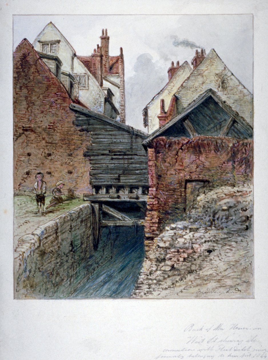 Widok z tyłu domu przy Chick Lane, pokazujący Fleet Ditch, City of London, 1844 autorstwa Frederick Napoleon Shepherd
