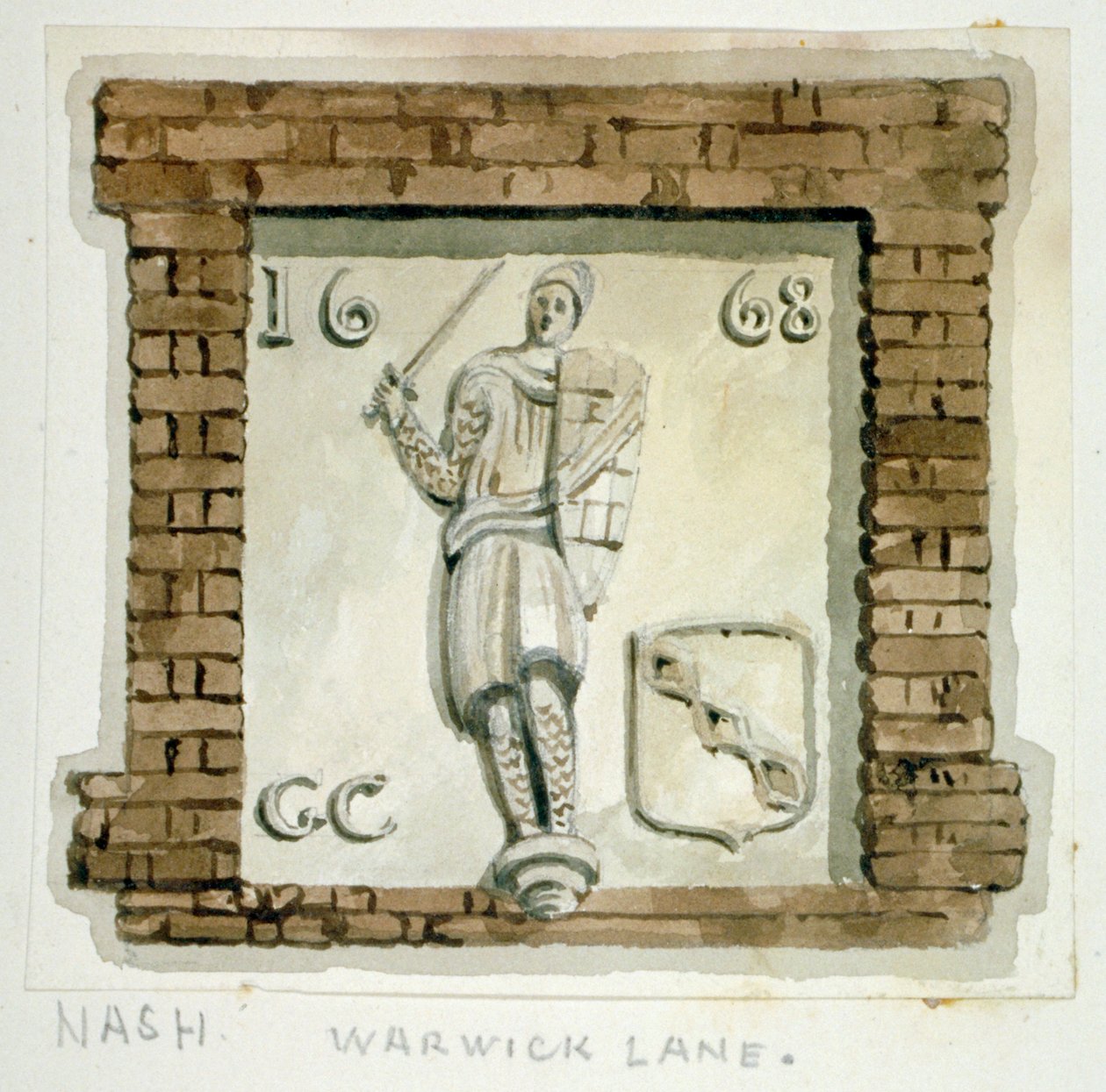 Wizerunek Guya, hrabiego Warwick, na ścianie domu przy Warwick Lane, City of London, c1820. autorstwa Frederick Nash