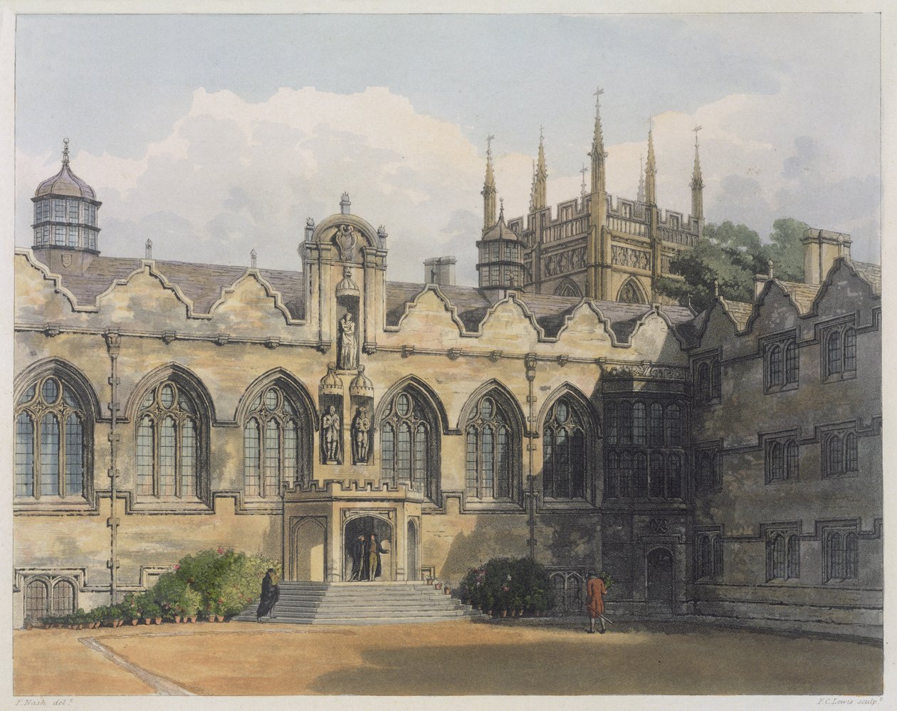 Oriel College na zewnątrz, ilustracja z „Historii Oksfordu”, grawerowana przez F.C. Lewis (1779-1856) wyd. R. Ackermann, 1813 (akwatinta) autorstwa Frederick Nash