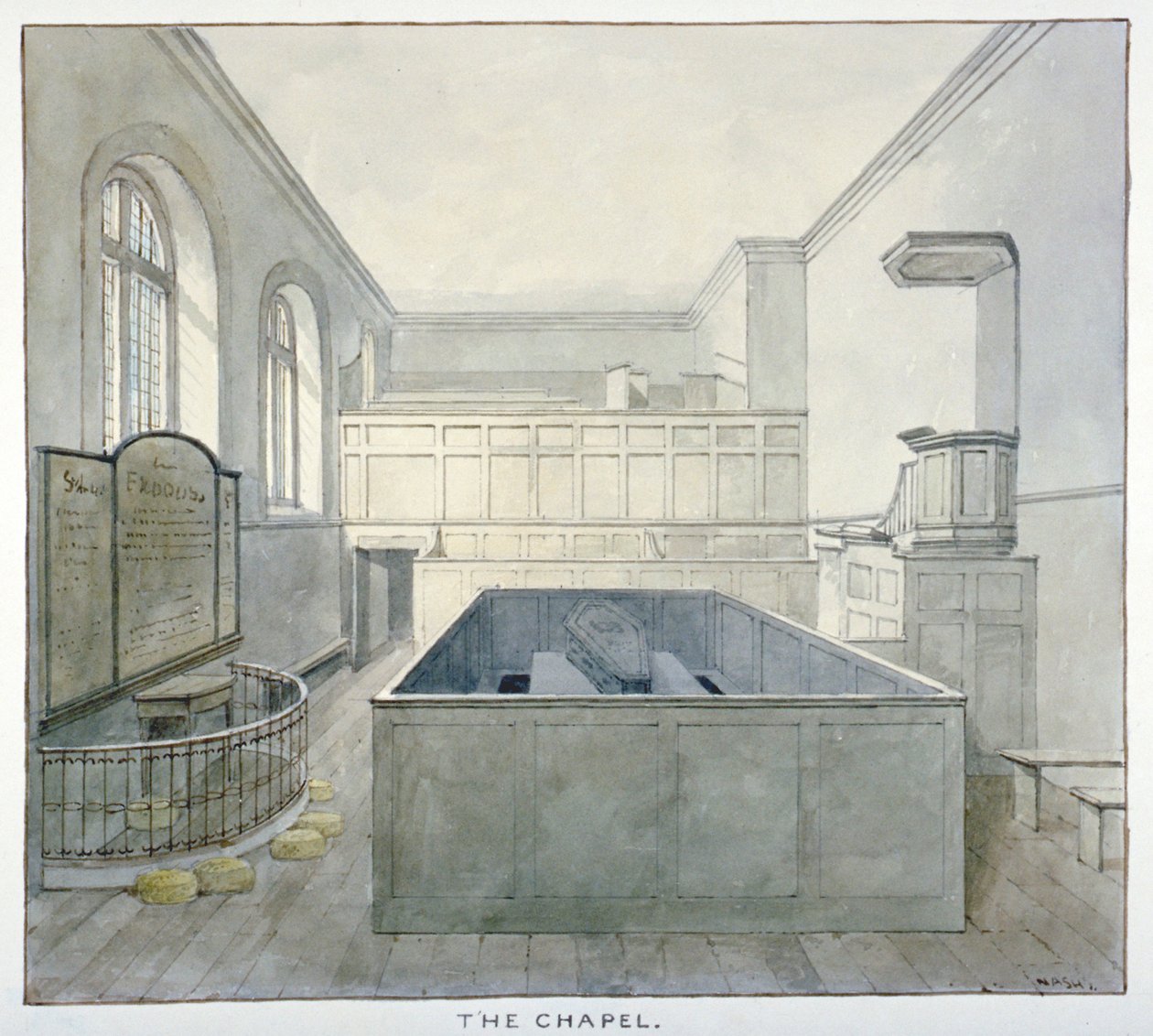 Widok wnętrza kaplicy w więzieniu Newgate, Old Bailey, City of London, 1840 autorstwa Frederick Nash