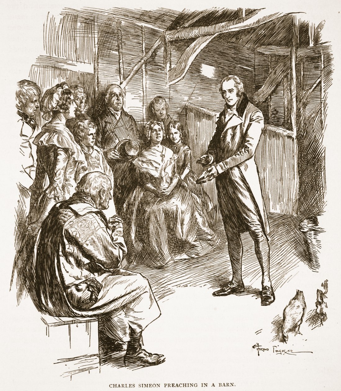 Charles Simeon wygłasza kazanie w stodole, ilustracja z „Kościoła anglikańskiego: historia dla ludu” autorstwa H.D.M. Spence-Jones, wyd. ok. 1910 (zdjęcie w sepii) autorstwa Frederick Pegram