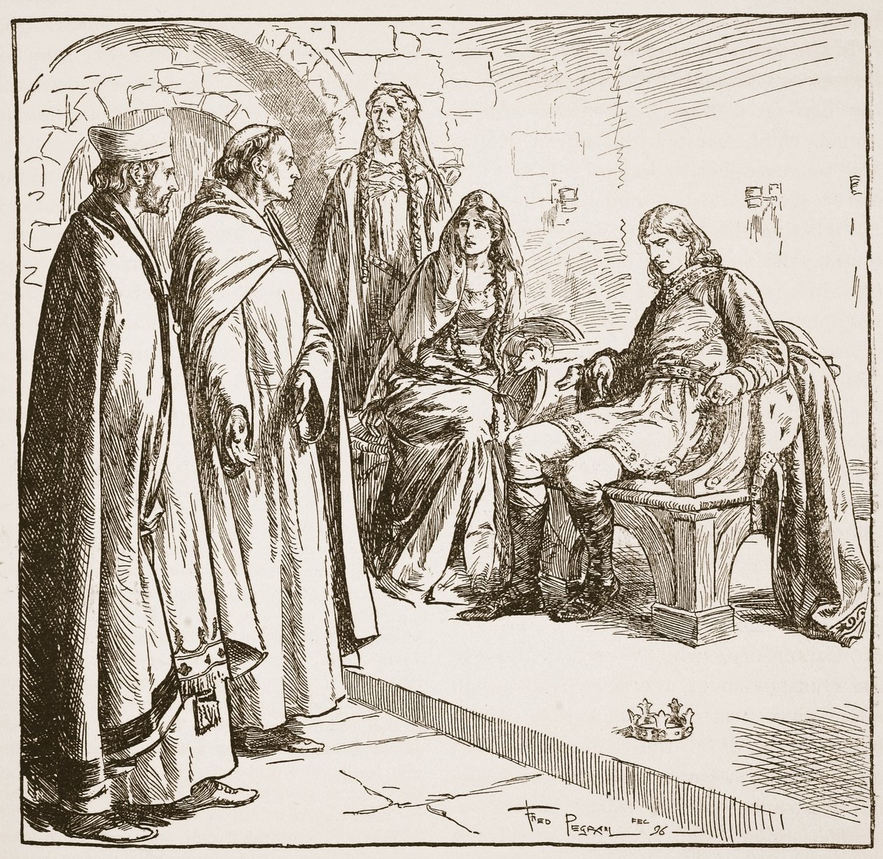 Dunstan, Edwy i Elgiva, ilustracja z „Kościoła anglikańskiego: historia dla ludu” autorstwa H.D.M. Spence-Jones, wyd. ok. 1910 (zdjęcie w sepii) autorstwa Frederick Pegram