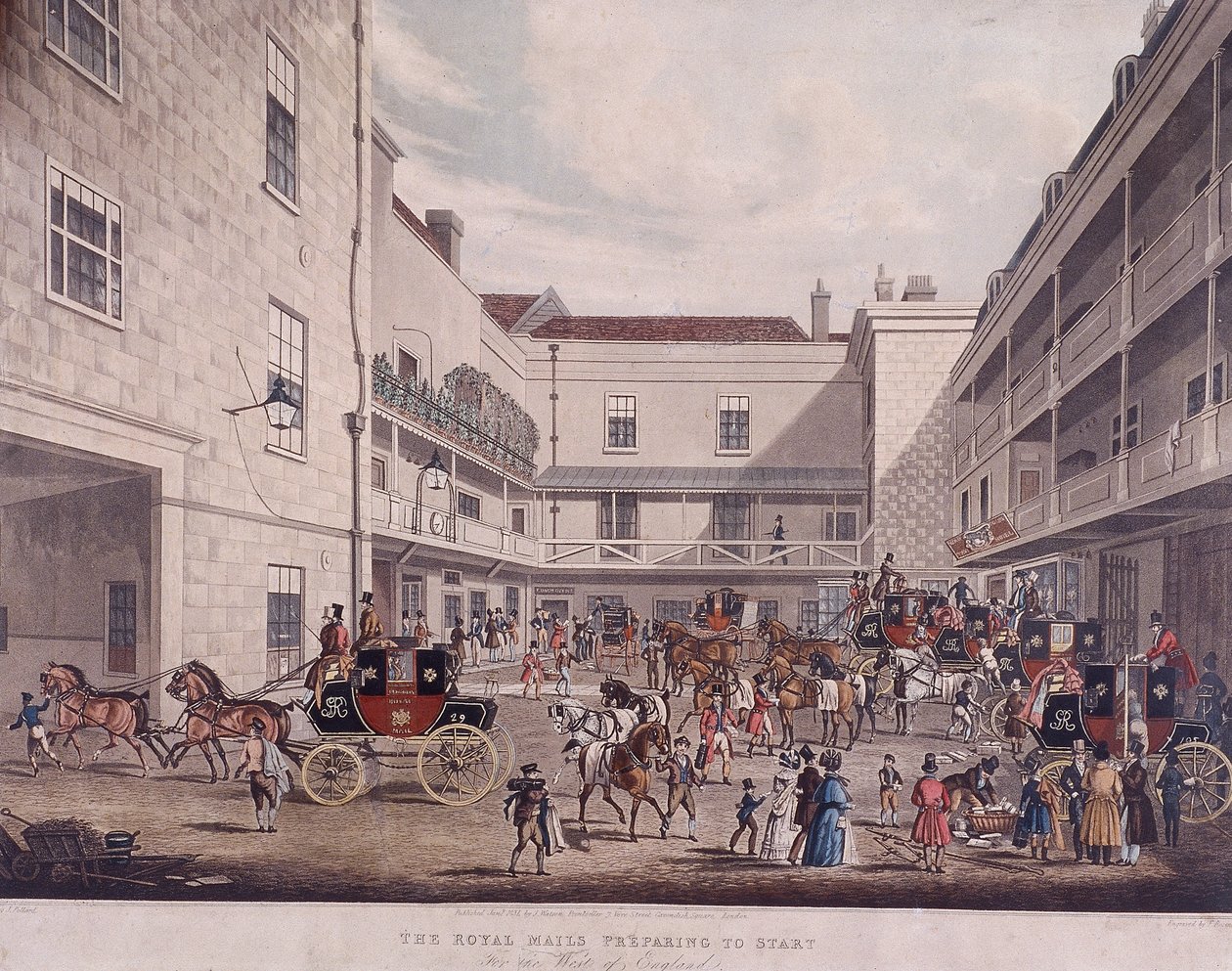 Royal Mail Coaches w Lad Lane, Londyn, 1831 autorstwa Frederick Rosenberg