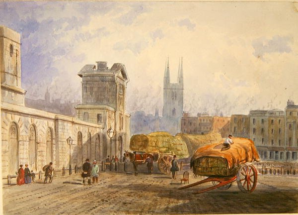 Widok szpitala św. Bartłomieja i kościoła Grobu Świętego, Holborn, ok. 1840 (akwarela na papierze) autorstwa Frederick Shepherd