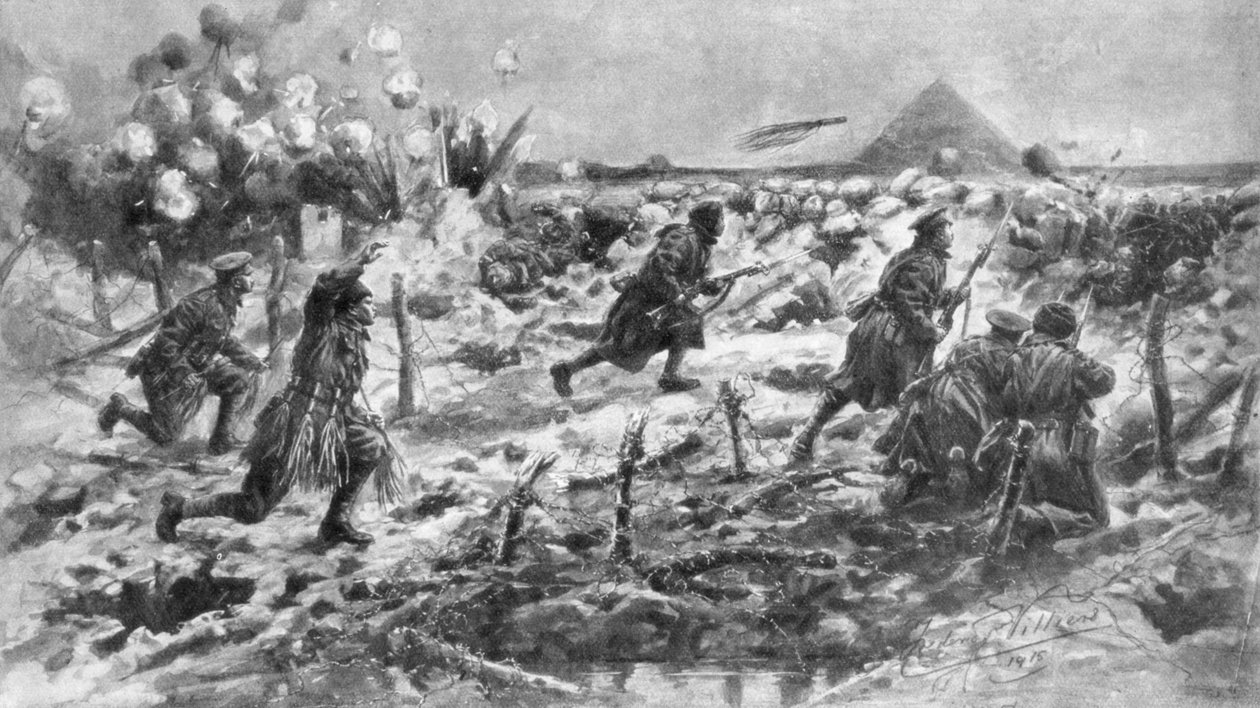 Brytyjski atak z użyciem bagnetu i granatu, Neuve-Chapelle, Francja, 10 marca 1915, 1926. autorstwa Frederick Villiers