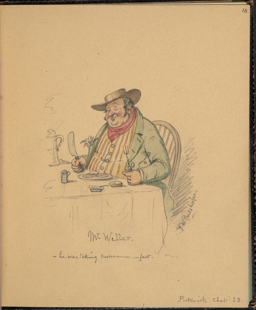 F. 10: Scena z Pickwick Papers, panie Weller, z „Księgi szkiców ze scenami z opowiadań Charlesa Dickensa” (ołówek i akwarela na papierze) autorstwa Frederick W. Pailthorpe