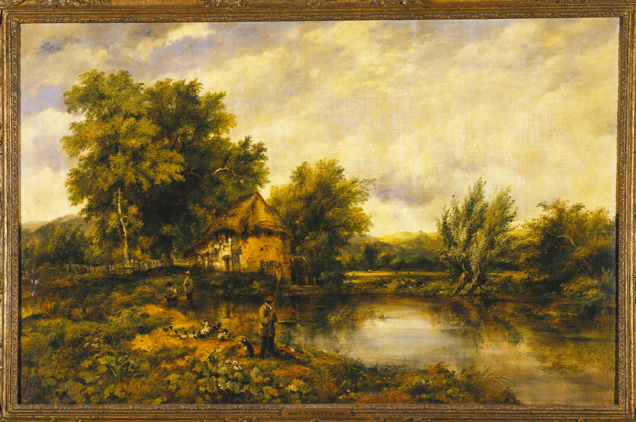 Pejzaż rzeczny z wędkarzem przy młynie autorstwa Frederick Waters Watts