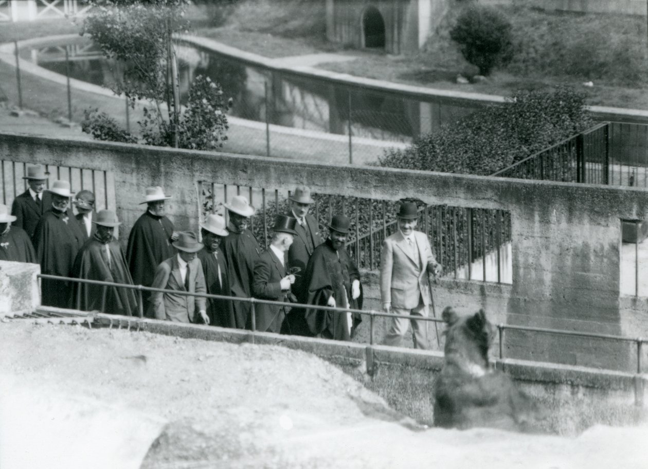 Sir Peter Chalmers Mitchell, z etiopskim regentem Haile Selassie i jego świtą, oglądają niedźwiedzia brunatnego na tarasach Mappin, londyńskie zoo, 1924 autorstwa Frederick William Bond
