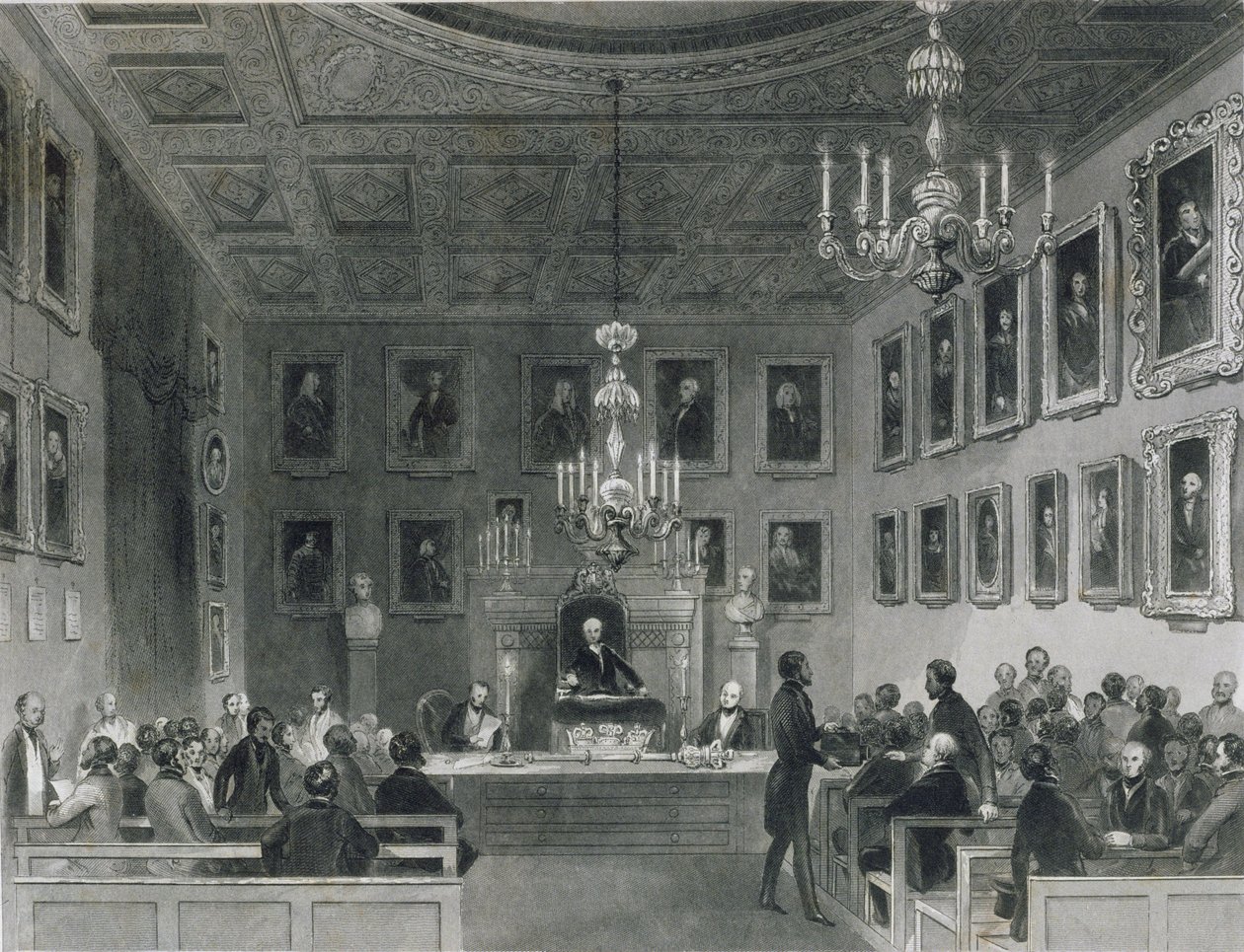 Widok wnętrza Somerset House, ukazujący spotkanie Królewskiego Towarzystwa Antykwarycznego, ok. 1840 r. autorstwa Frederick William Fairholt