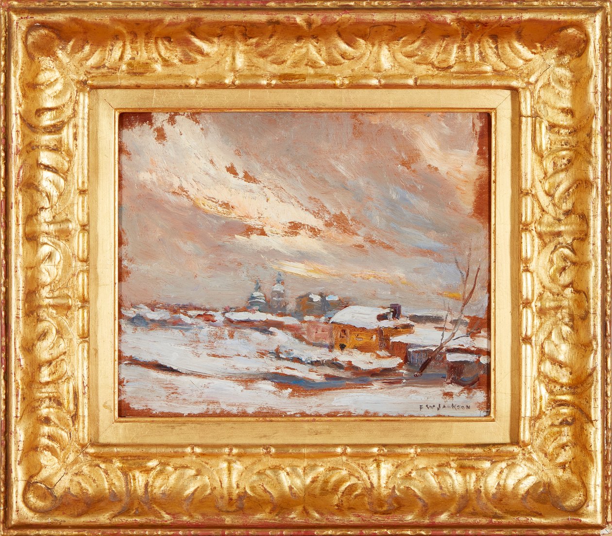 Zimowy pejzaż z odległymi kopułami, Rosja (olej na płycie) autorstwa Frederick William Jackson