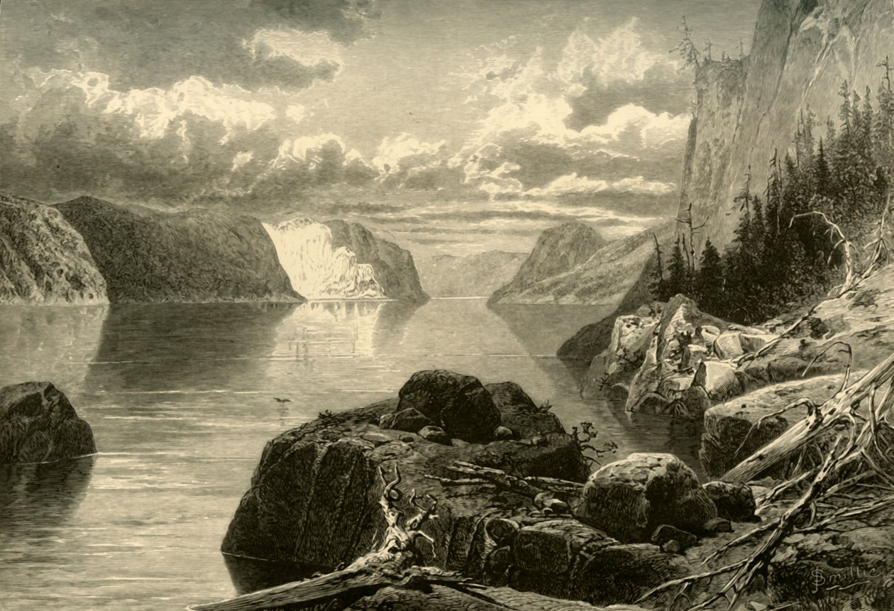 „Point Noir, Trinity Rock i Cape Eternity, rzeka Saguenay”, c1870. autorstwa Frederick William Quartley