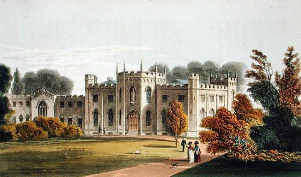 Roehampton Priory, z „Repozytorium Sztuki” Ackermanna, opublikowane 1827 (kolor lito) autorstwa Frederick Wilton Litchfield (after) Stockdale