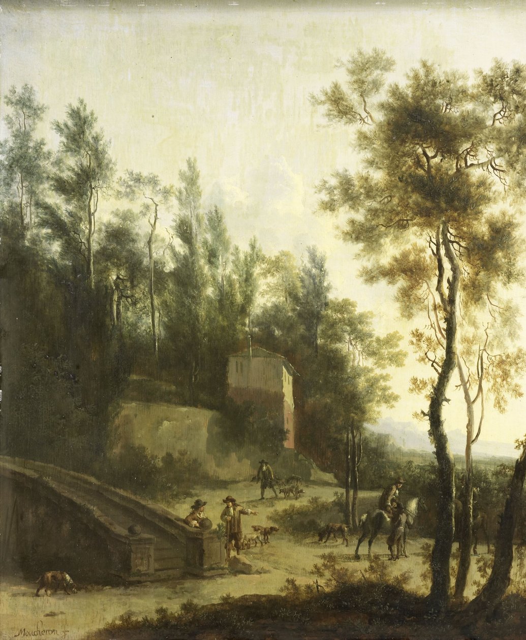 Włoski krajobraz z myśliwymi autorstwa Frederick de (manner of) Moucheron
