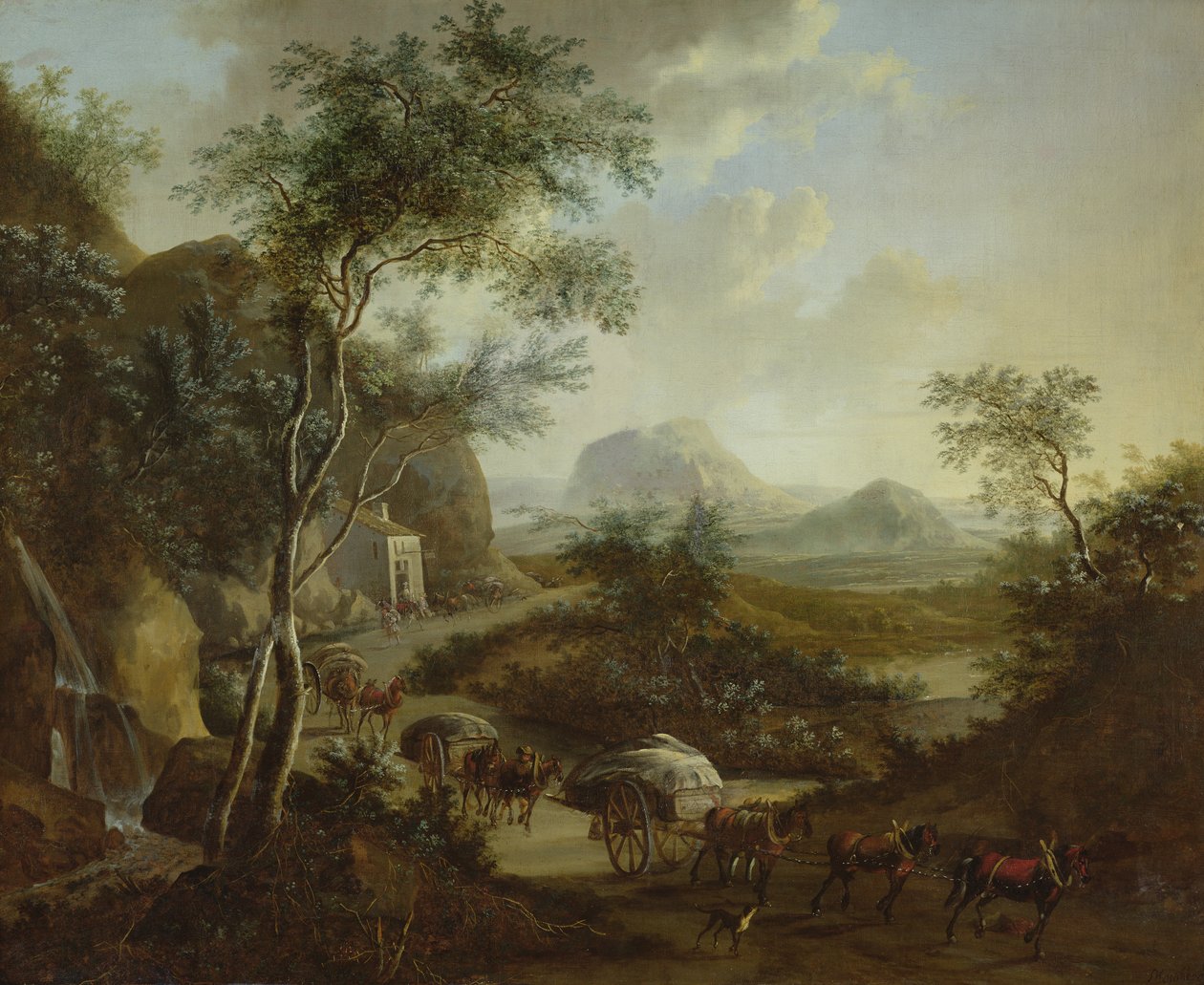 Krajobraz z konwojem koni i wozów autorstwa Frederick de Moucheron