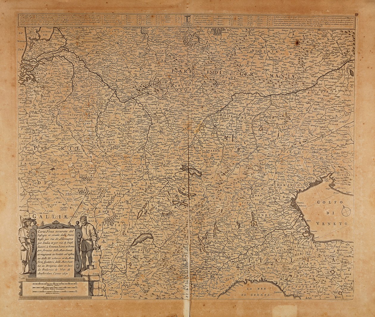 Europa Środkowo-Północna i Północne Włochy, Mapa Frederik de Wit, Amsterdam, miedzioryt autorstwa Frederick de Wit