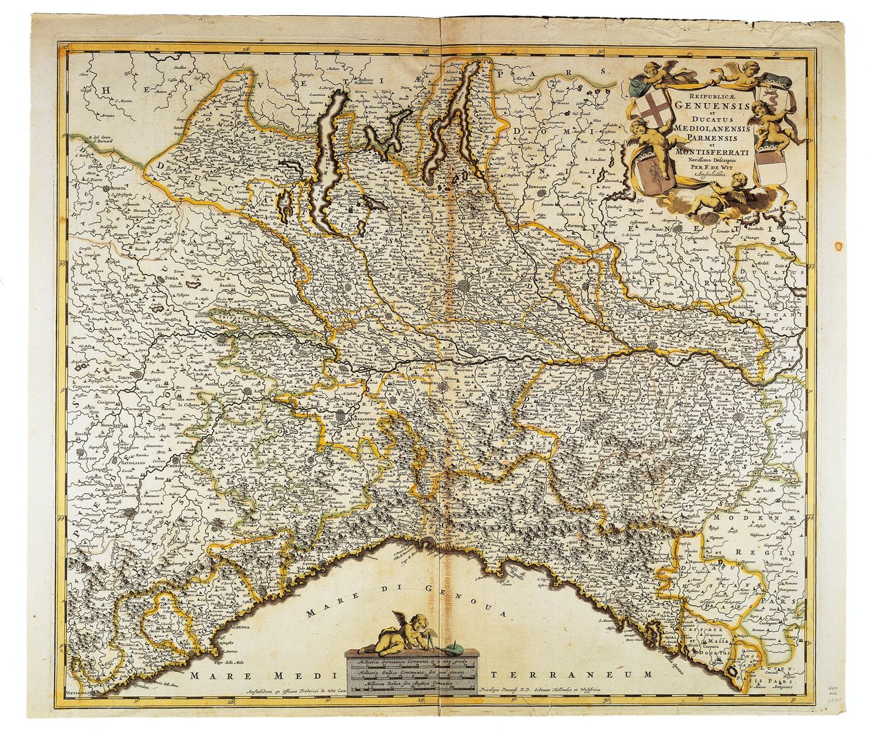 Republika Genui, Księstwo Mediolanu, Parma i Monferrato, Mapa autorstwa Frederika de Wita, Amsterdam, miedzioryt autorstwa Frederick de Wit