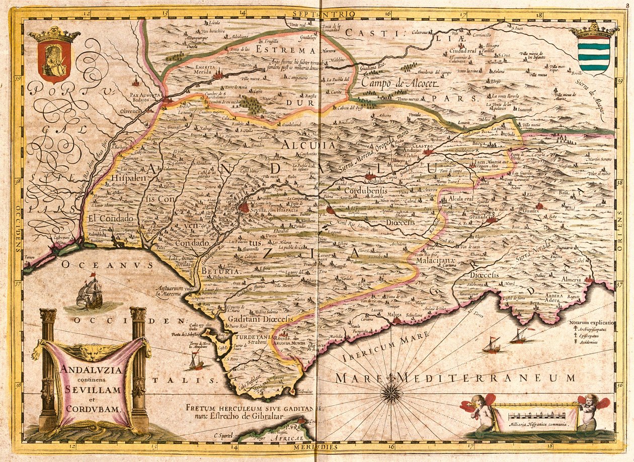 Mapa Andaluzji, z Sewillą i Kordobą (Hiszpania) (akwaforta autorstwa Frederick de Wit