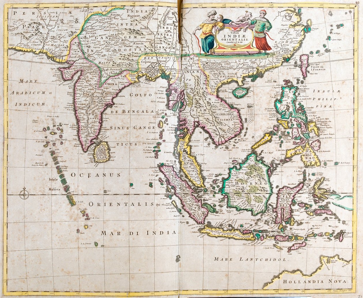 Mapa Indii Wschodnich (Azja Południowa i Południowo-Wschodnia: Pakistan, Indie, Nepal, Bangladesz, Birma, Sri Lanka, Tajlandia, Malezja, Wietnam, Kambodża, Laos, Filipiny, Singapur i Indonezja) (akwaforta autorstwa Frederick de Wit