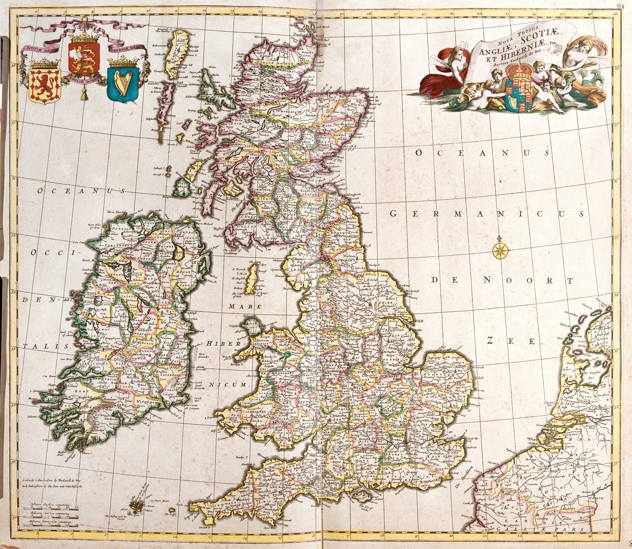 Mapa Anglii, Szkocji i Irlandii (Wielka Brytania) (akwaforta autorstwa Frederick de Wit
