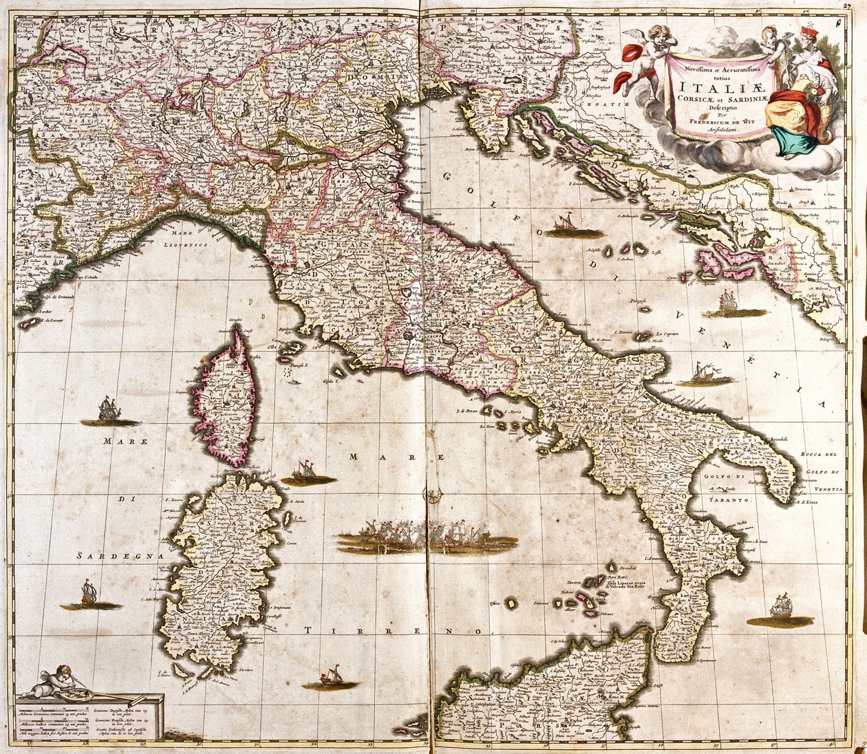 Mapa Włoch, Korsyki i Sardynii (akwaforta autorstwa Frederick de Wit
