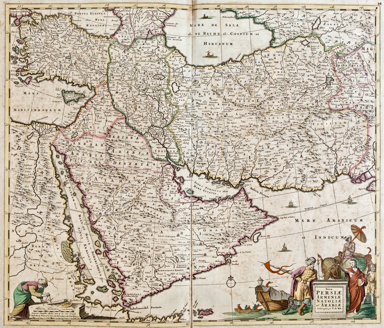 Mapa Persji (Iran), Armenii, Anatolii (Turcja)) i Arabii (Półwysep Arabski: Arabia Saudyjska, Kuwejt, Zjednoczone Emiraty Arabskie, Oman, Katar, Jemen, Bahrajn) (akwaforta autorstwa Frederick de Wit
