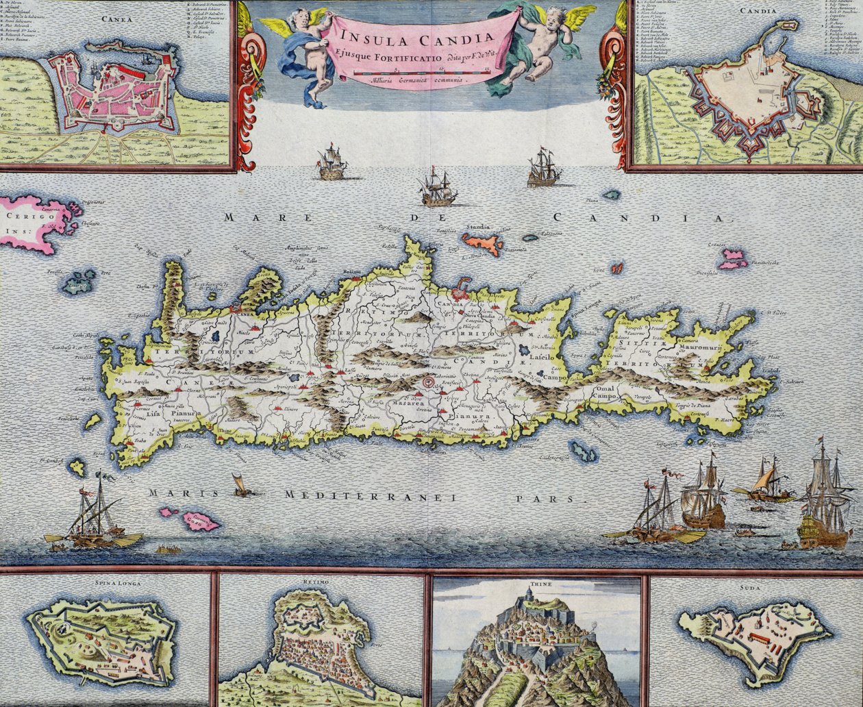 Mapa wyspy Candia (Kreta) z portem morskim Herakleion, ok.1680 autorstwa Frederick de Wit