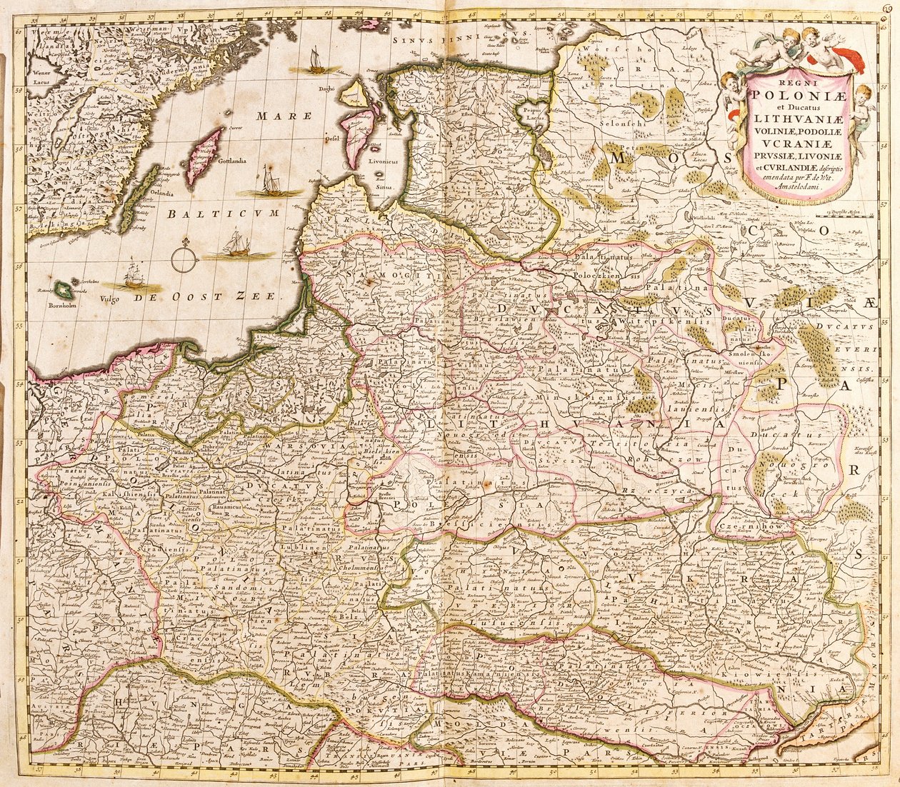 Mapa Królestwa Polskiego, książąt litewskich i Inflant (Łotwa) (kraje bałtyckie) i Ukrainy (akwaforta autorstwa Frederick de Wit