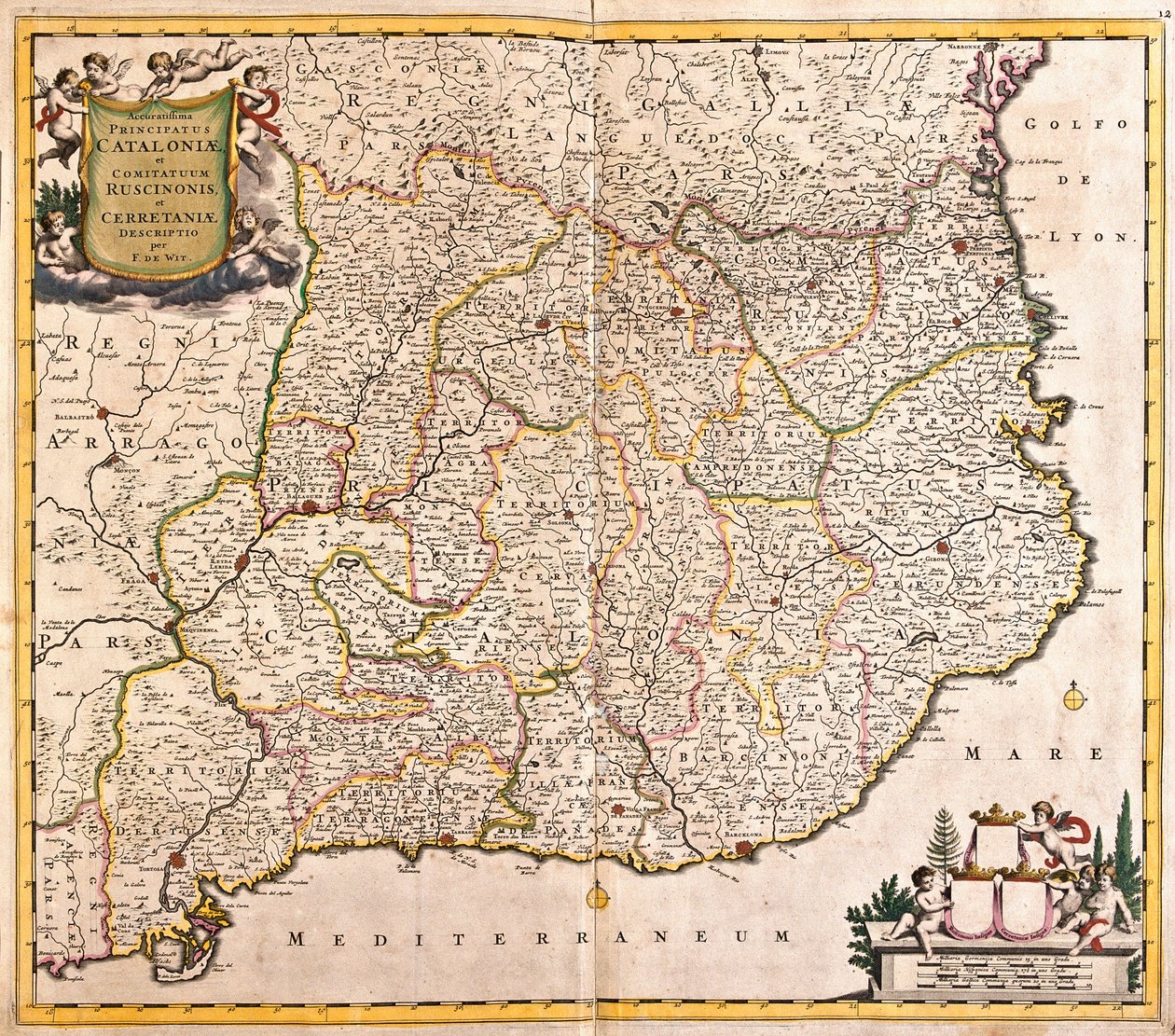 Mapa księstwa Katalonii (Hiszpania) (akwaforta autorstwa Frederick de Wit