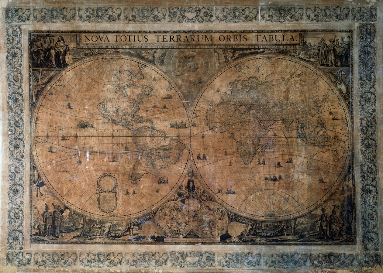 Nova Totius Terrarum Orbis Tabula, mapa świata z podwójną półkulą autorstwa Fredericka de Wit (1629-1630 - 1706), dedykowana cesarzowi Józefowi I, miedzioryt autorstwa Frederick de Wit