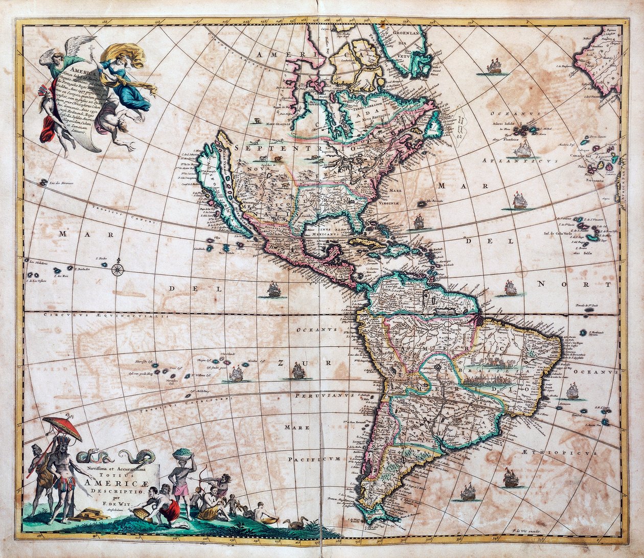 Najnowszy i najdokładniejszy opis Ameryki, mapa Ameryk i Pacyfiku autorstwa Frederika de Wita (1629 lub 1630-1706), Amsterdam autorstwa Frederick de Wit