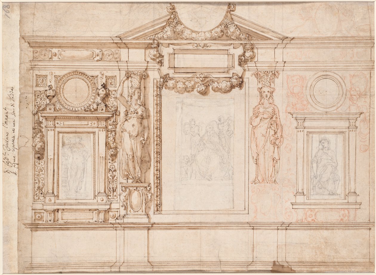 Projekt dekoracji ściennej z wklejonymi szkicami wg Rafaela verso, ok. 1930 r. 1580-90. autorstwa Frederico Zuccaro