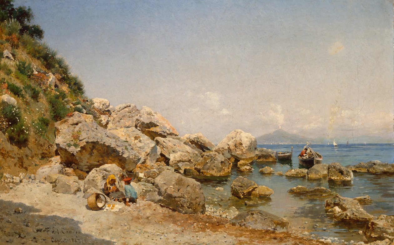 Na plaży, Capri z Wezuwiuszem w tle autorstwa Frederico del Campo