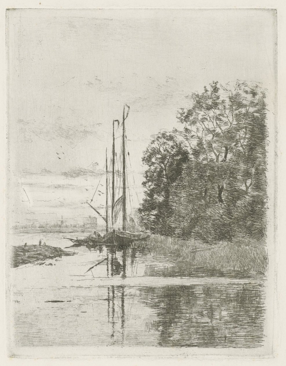 Widok na rzekę z dwoma statkami i barką. autorstwa Fredericus Jacobus van Rossum du Chattel (signed by artist)