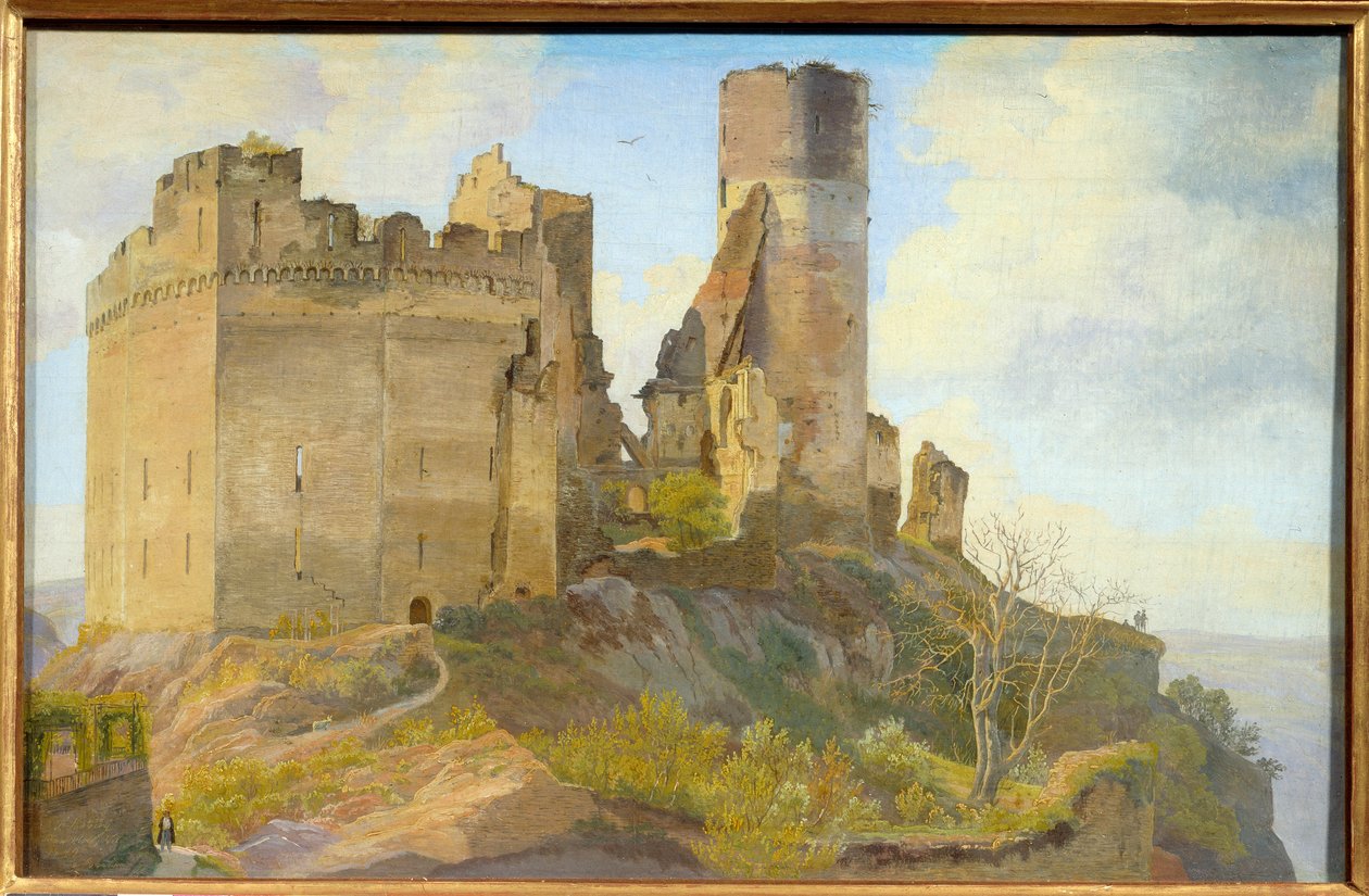 Widok ruin zamku Schonburg w pobliżu Oberwesel nad Renem w Niemczech Obraz Frederika Hansena Sodringa (1809-1862) autorstwa Frederik Hansen Sodring