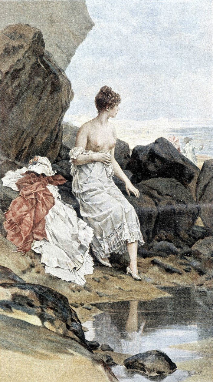 Kobieta nad morzem kąpiąca się w ukryciu - alegoria lata, kalendarz ilustrowany przez Huberta Dysa, malowany przez F.H. Kaemmerera autorstwa Frederik Hendrik Kaemmerer