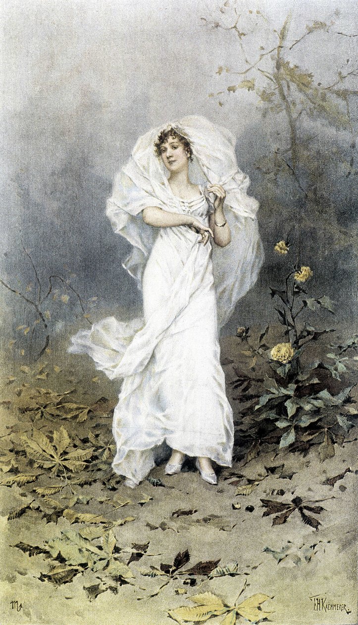 Kobieta w lesie - Alegoria jesieni, kalendarz ilustrowany przez Huberta Dysa, malowany przez F.H. Kaemmerera autorstwa Frederik Hendrik Kaemmerer