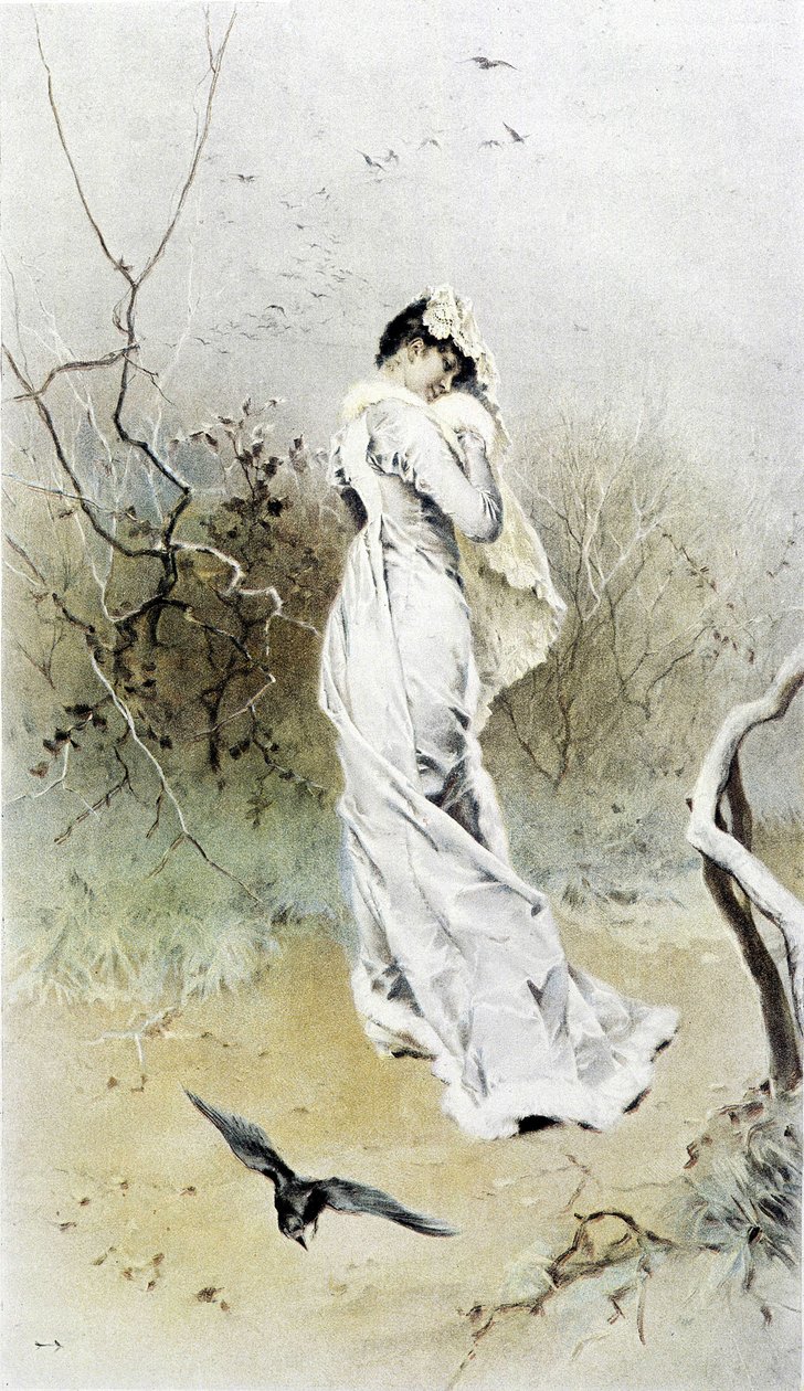 Kobieta w lesie - alegoria wczesnej zimy, kalendarz ilustrowany przez Huberta Dysa, malowany przez F.H. Kaemmerera autorstwa Frederik Hendrik Kaemmerer