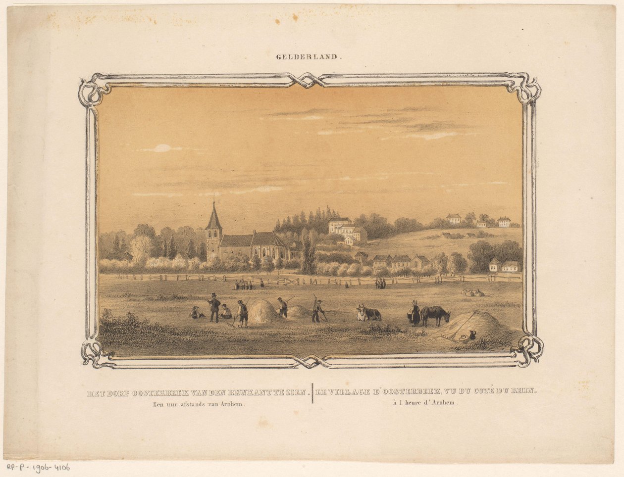 Widok Oosterbeek z postaciami robiącymi siano Wioska Oosterbeek widać z den Rijnkant. Godzina drogi od Arnhem. (tytuł na obiekcie) Gelderland (tytuł serii na obiekcie) autorstwa Frederik Lodewijk Huygens