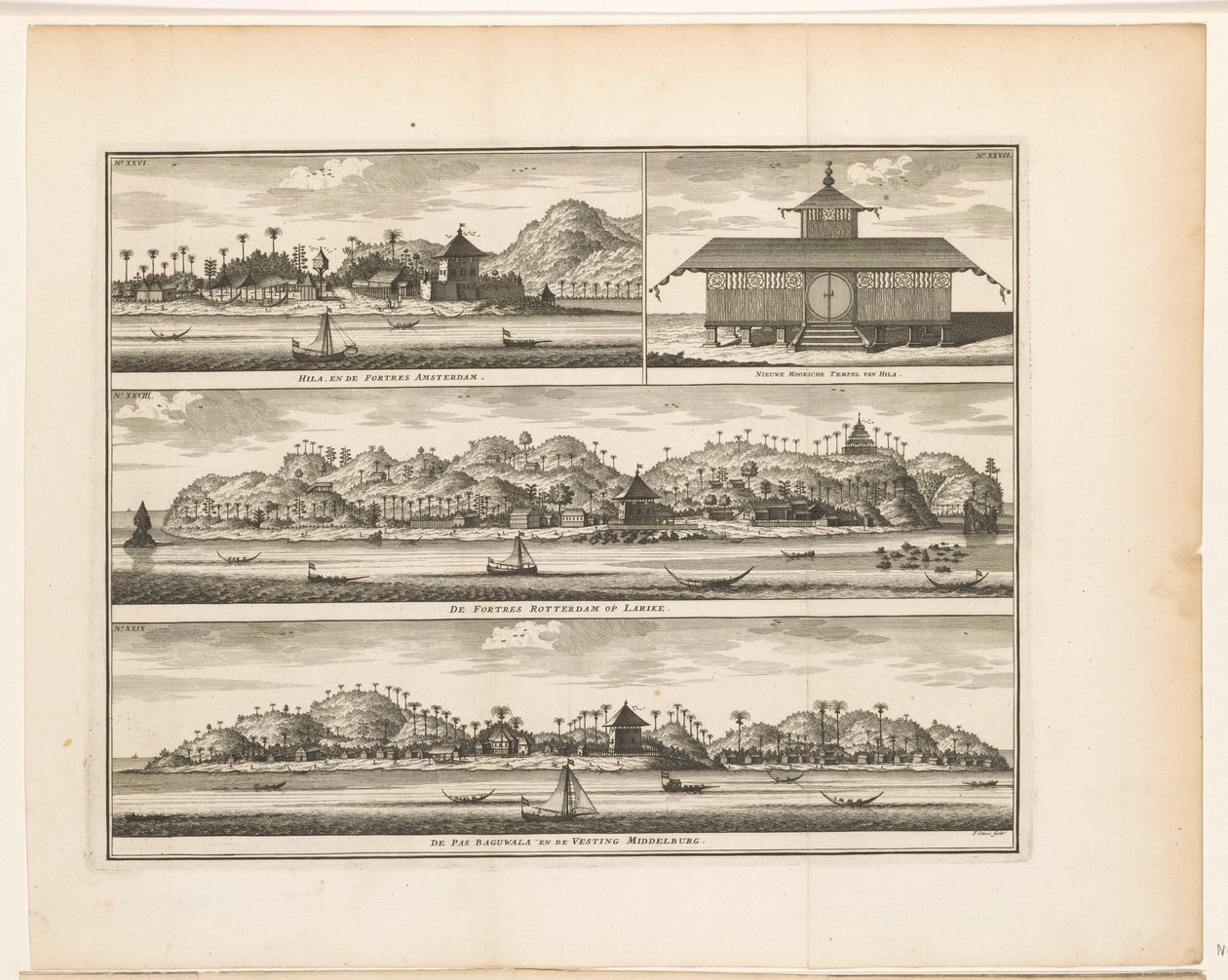 Trzy fortece na Ambon Hila i Twierdza Amsterdam / New Moorsche Temple of Hila / Twierdza Rotterdam na Larike / De Pas Baguwala i Vesting Middelburg (tytuł na obiekcie) autorstwa Frederik Ottens