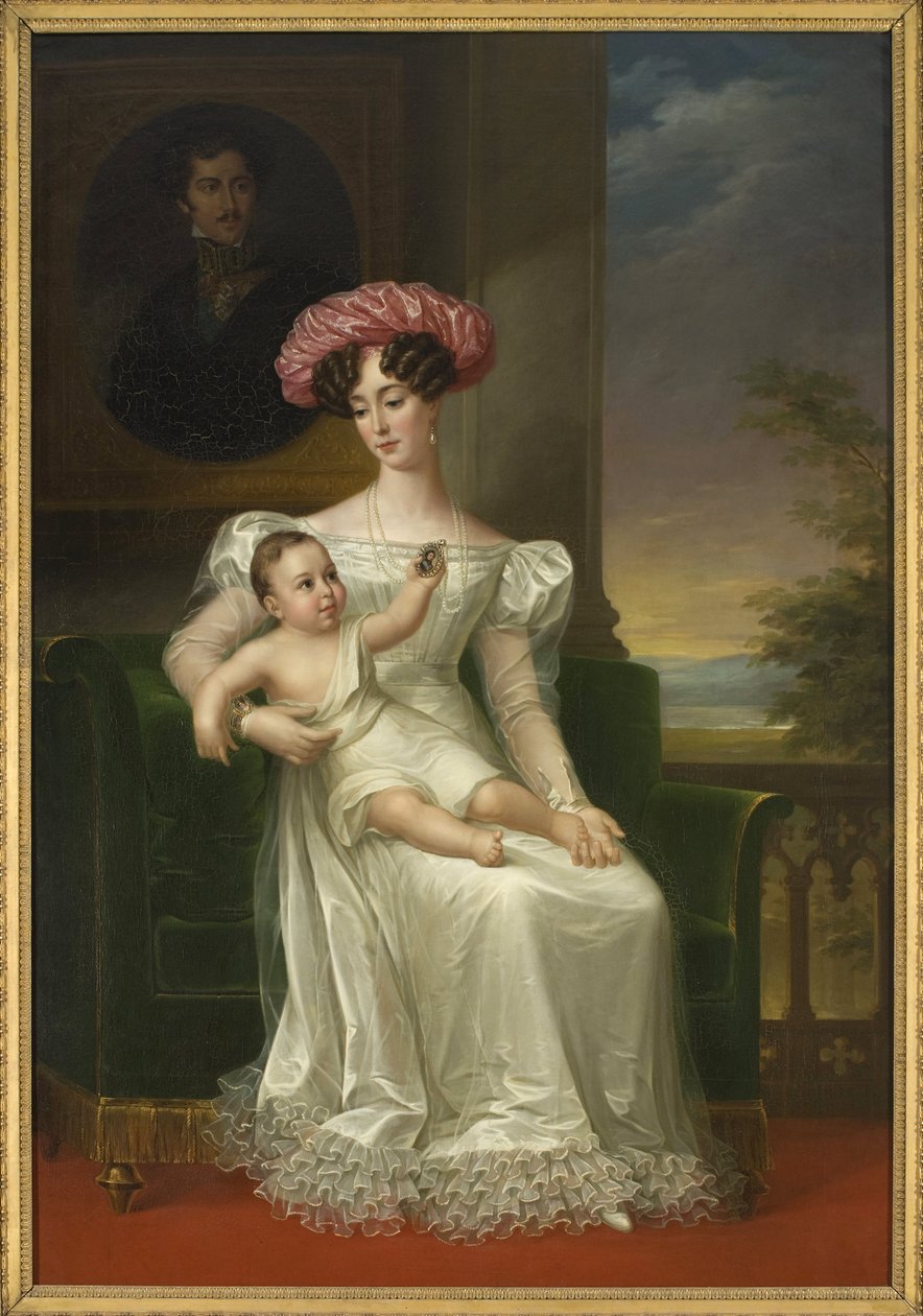 Józefina Leuchtenberg, królowa Szwecji i Norwegii (z synem Karolem XV w ramionach, siedząca przed portretem króla Oscara I) - Portret Józefiny Leuchtenberg (1807-1876), królowej Szwecji i Norwegii, autorstwa Westina , Fryderyka (1782-1862). Olej na c autorstwa Fredric Westin