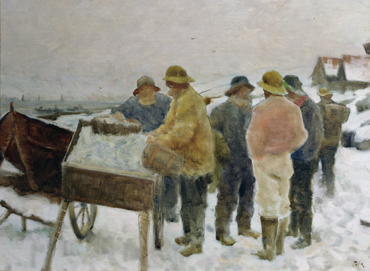 Rybacy wokół wozu śledzi autorstwa Fredrik Kolstoe