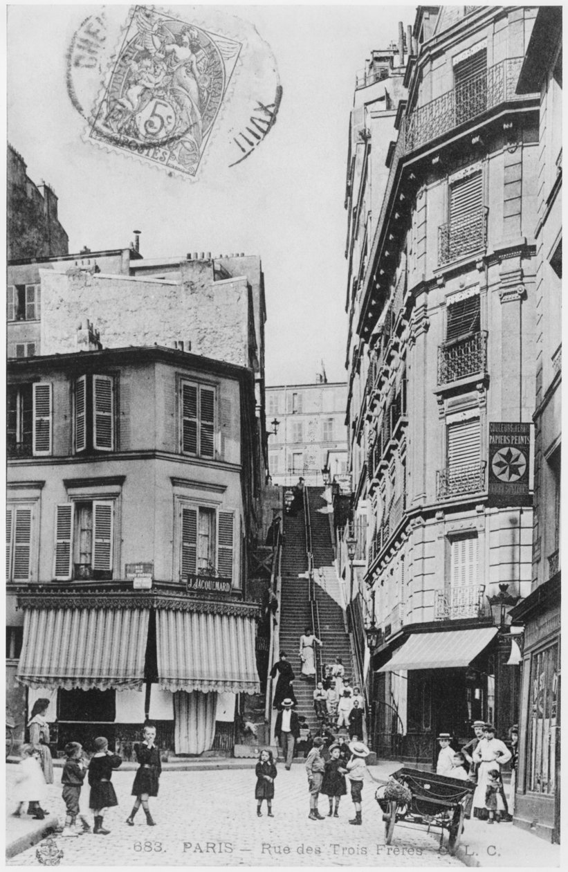 Pocztówka przedstawiająca Rue des Trois Freres w Paryżu, ok. 1900 autorstwa French Photographer