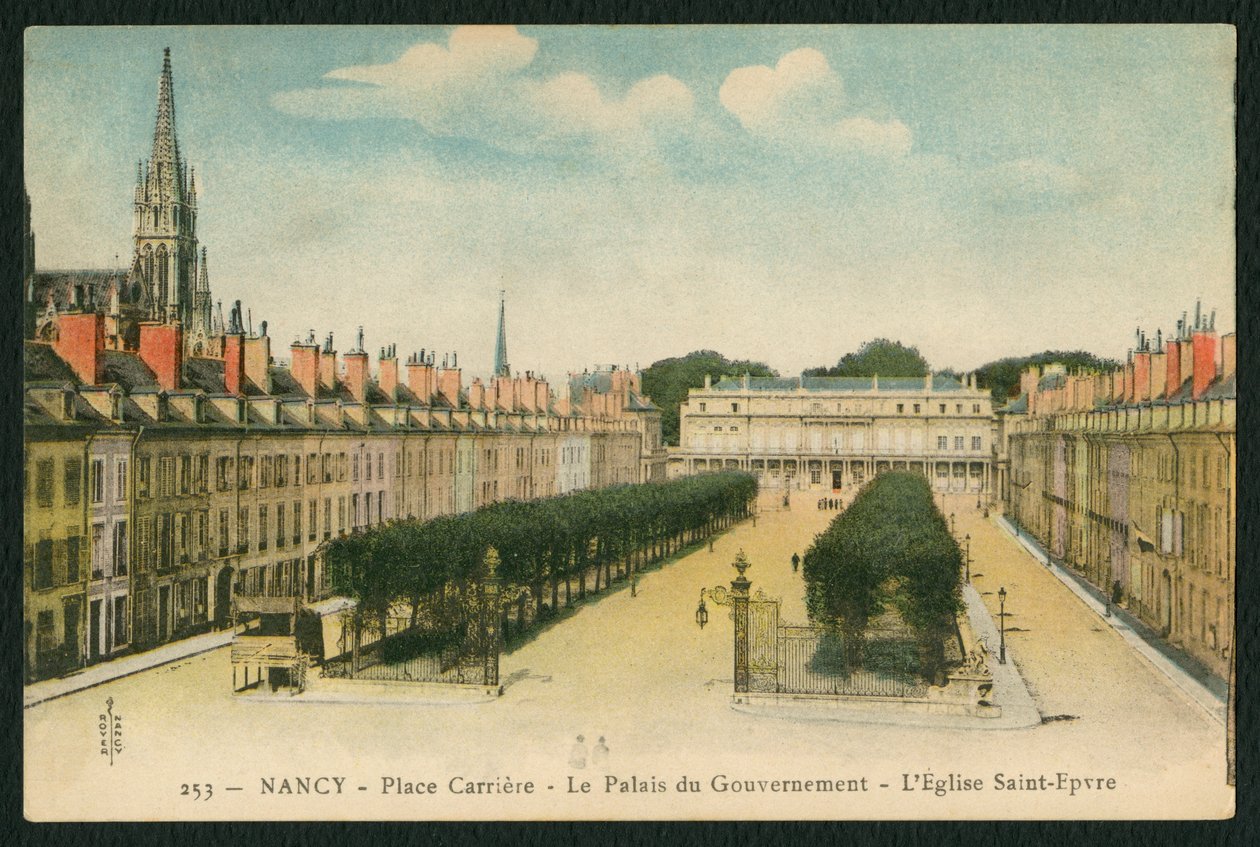 Pocztówka przedstawiająca Square de La Carriere, Palais du Gouvernement i kościół Saint-Epvre w Nancy, Francja, ok. 1920 (zdjęcie kolorowe bw) autorstwa French Photographer