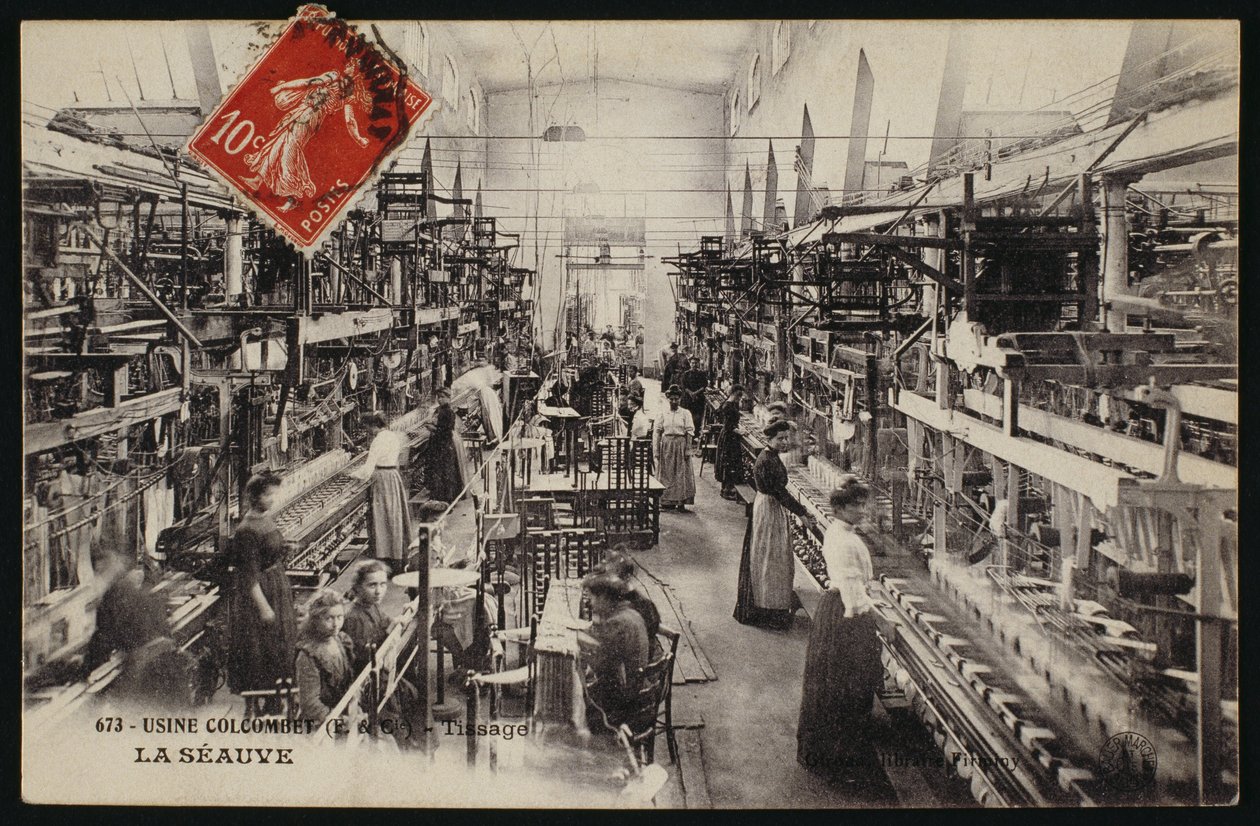 Pocztówka przedstawiająca fabrykę tkacką Colcombet w La Seauve, Haute-Loire, ok. 1900 r. autorstwa French Photographer