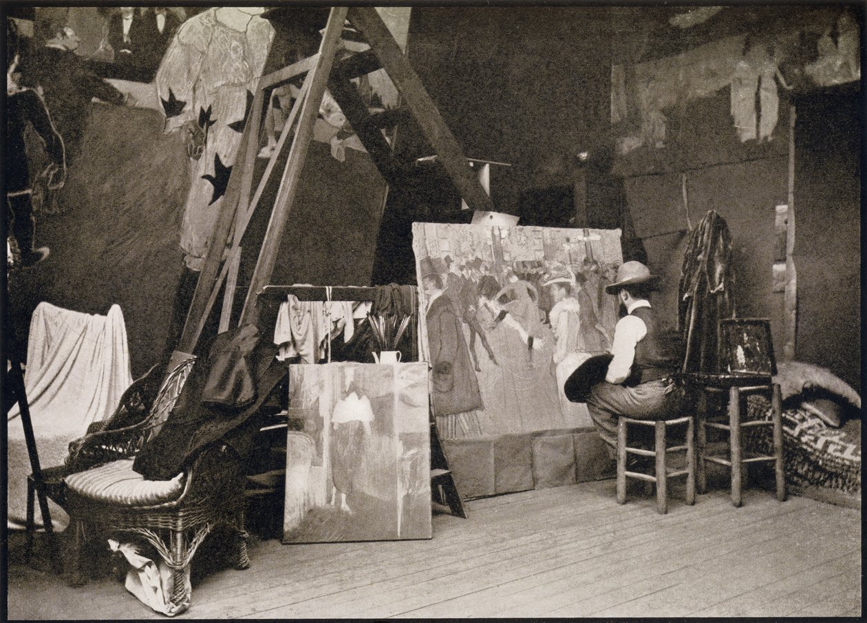 Toulouse-Lautrec w swojej pracowni przy Rue Caulaincourt, z „Toulouse-Lautrec” Gerstle Macka, wydana w 1938 r. autorstwa French Photographer