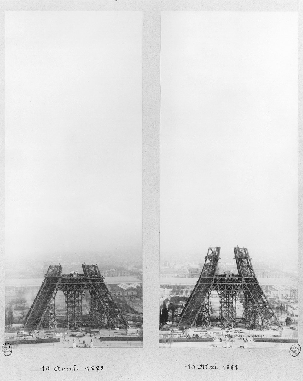 Dwa widoki na budowę Wieży Eiffla, Paryż, 10 kwietnia i 10 maja 1888 r. autorstwa French Photographer
